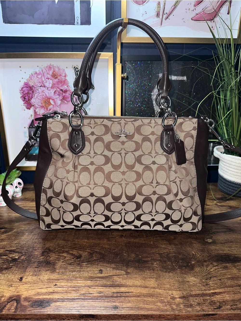 Coach Signature Khaki and Mahogany Carryall Satchel